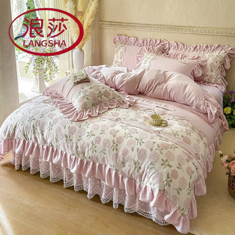 浪莎2025新款四件套牛奶绒公主风蕾丝被套夹棉床裙床盖床上用品