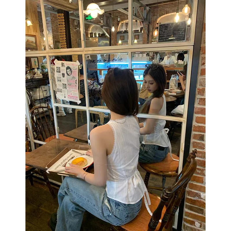 2025夏季新款纯欲风性感辣妹修身显瘦背心上衣高腰休闲牛仔阔腿裤