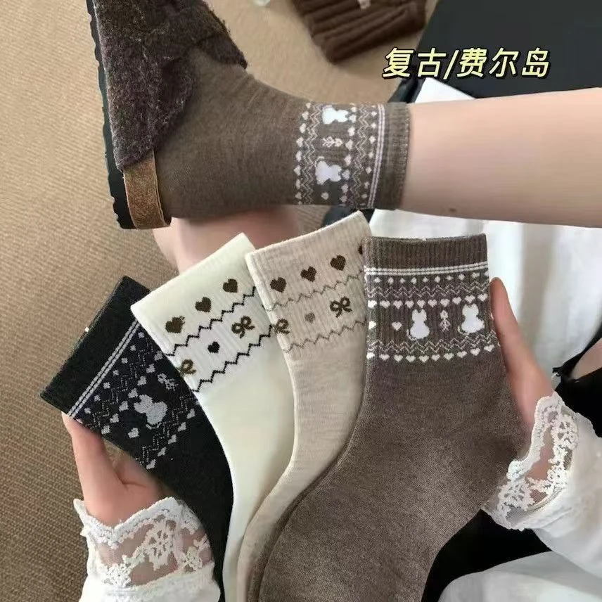 7a抗菌新款费尔岛秋冬中筒女袜防臭可爱女士复古日系ins潮流百搭