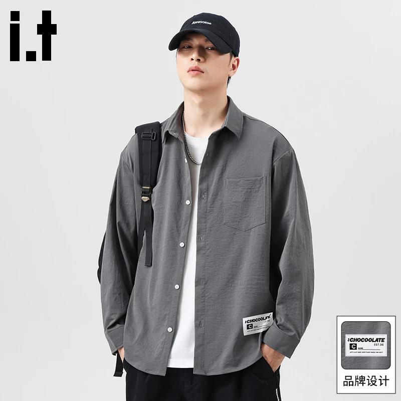 it :CHOCOOLATE秋季新款潮牌美式复古工装休闲衬衣男士翻领衬衫潮
