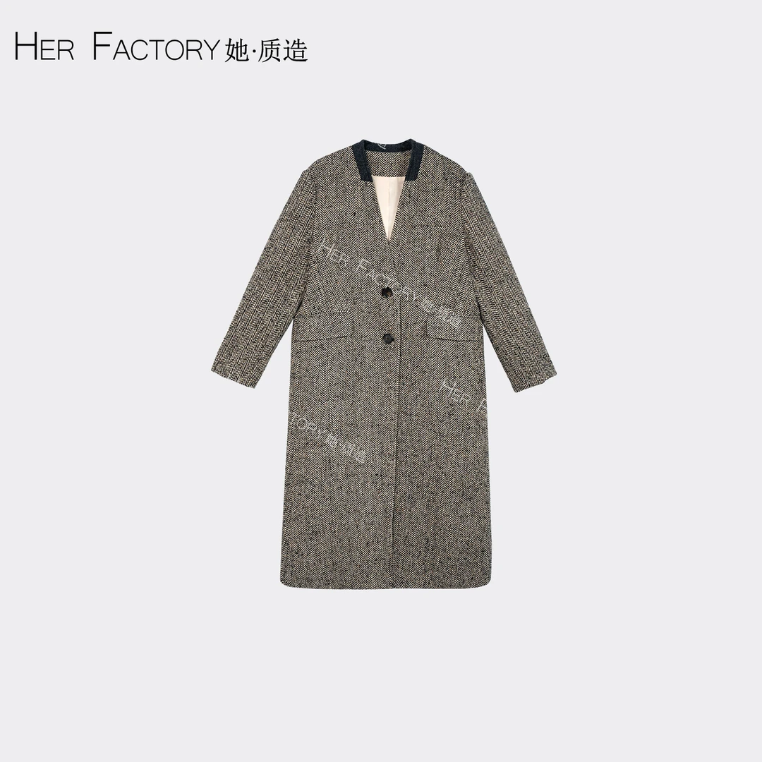 【深圳工厂直发】秋季新款羊毛混纺花呢长款大衣 YB62FC1680