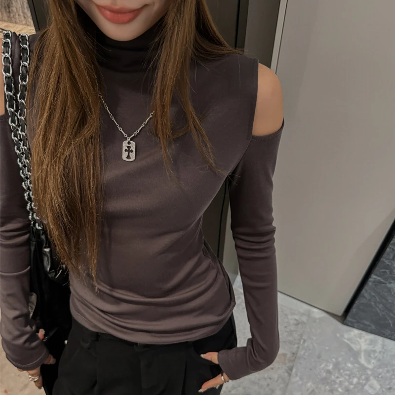 天丝莱赛尔半高领秋冬露肩打底衫女内搭设计高级感t恤可外穿上衣