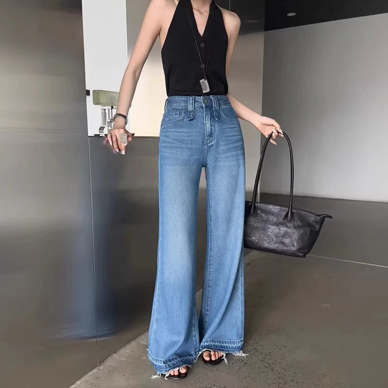 同款牛仔裤阔腿裤女年夏季薄款宽松显瘦高腰毛边直筒阔腿拖地裤