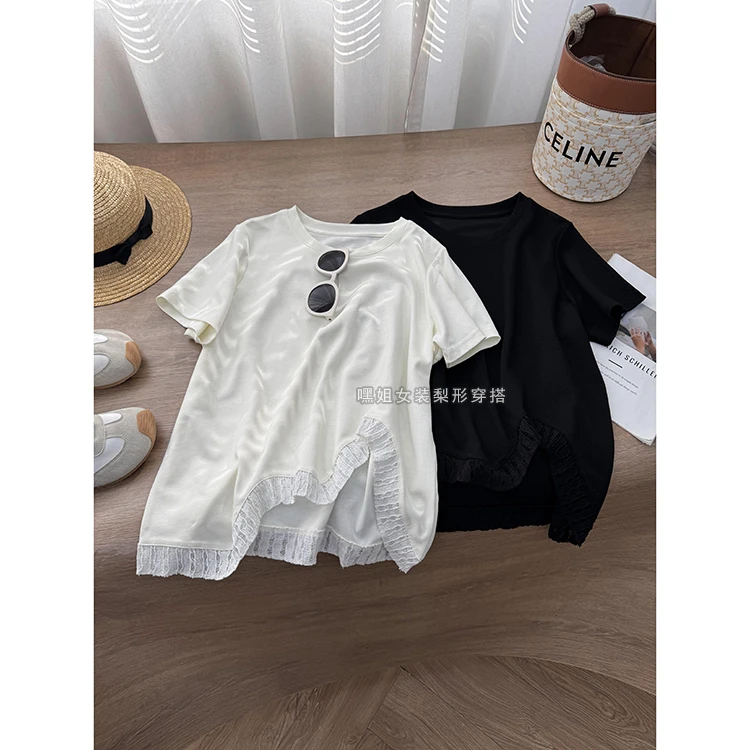 【漫步】韩系慵懒风波浪下摆不规则蕾丝花边拼接T恤夏季时尚上衣女