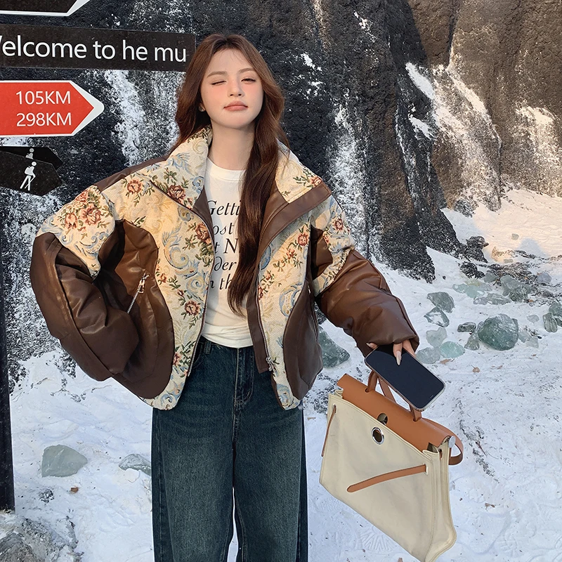 新中式民族风碎花拼接PU皮羽绒服女冬季新款设计感复古白鸭绒外套