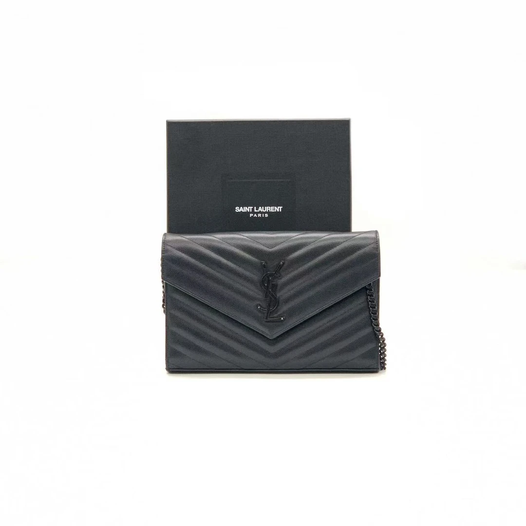 95新 YSL/圣罗兰  黑色鱼子酱中号信封链条包