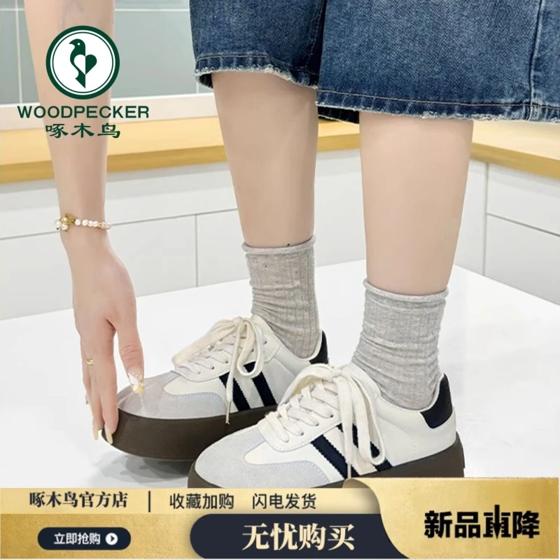 啄木鸟厚底增高小白鞋女2025春季新款运动休闲学生白色德训鞋板鞋