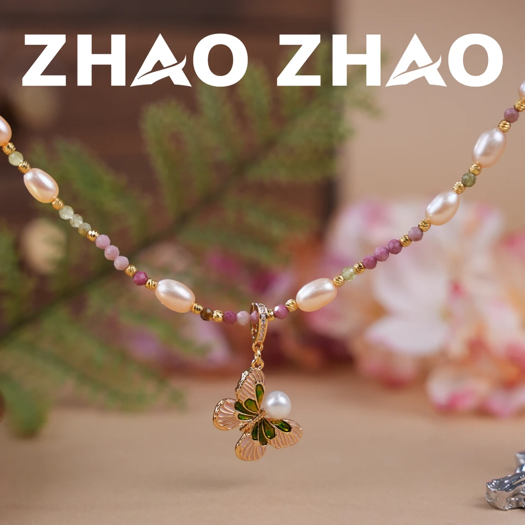链子925银 「春日情诗」原创设计大自然裸珠炫彩粉串珠项链粉绿