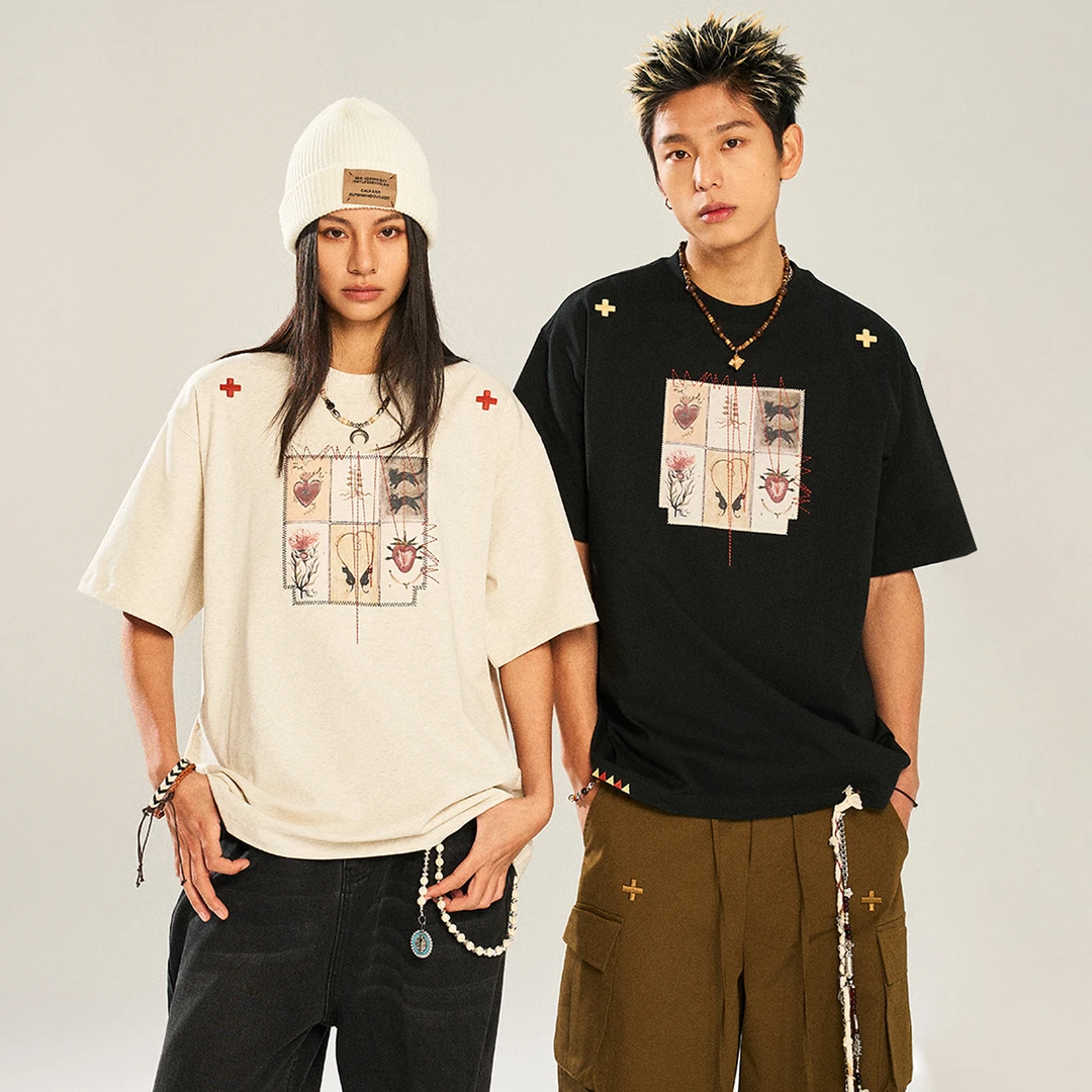 NSTNEW START发芽计划潮牌贴布刺绣复古宽松情侣圆领短袖t恤男