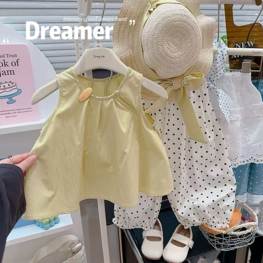 女童夏季波点斜襟系带套装套头薄款套装嫩绿纯色泡泡袖连衣裙韩版