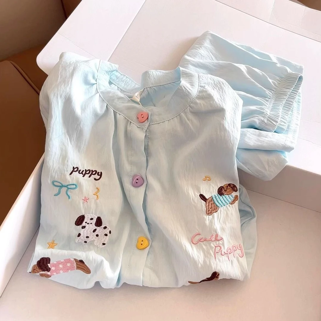 腊肠狗带胸垫重工刺绣款三件套春夏睡衣