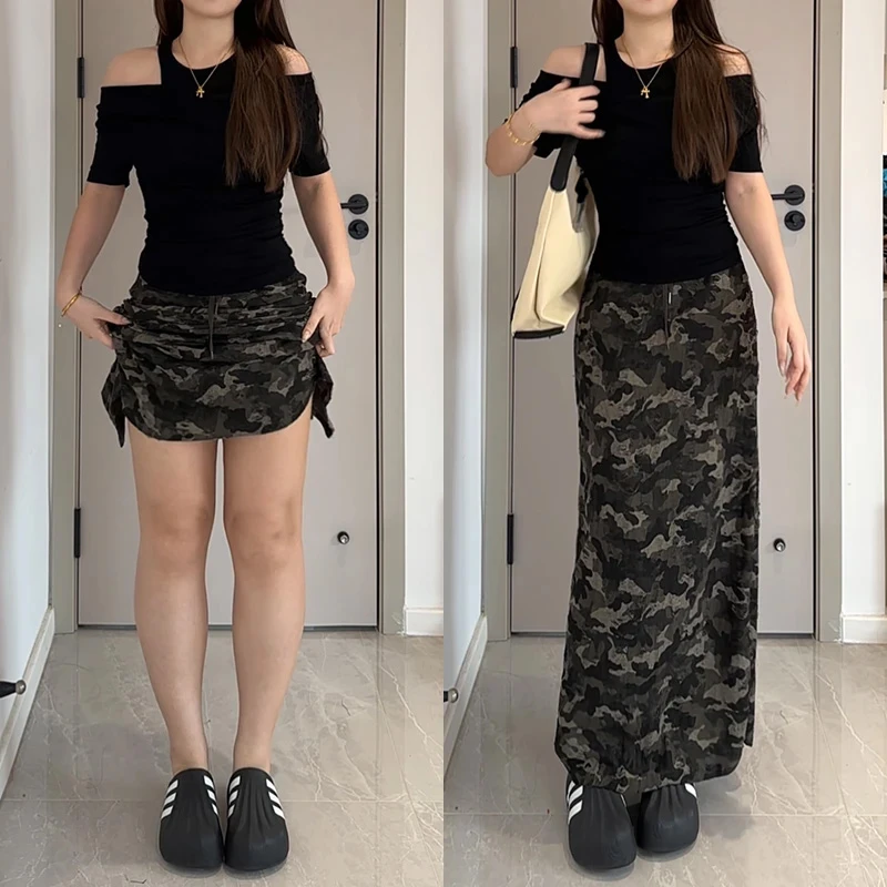 复古磨破迷彩色抽绳A字半身裙女夏季高腰显瘦中长款直筒开叉裙子