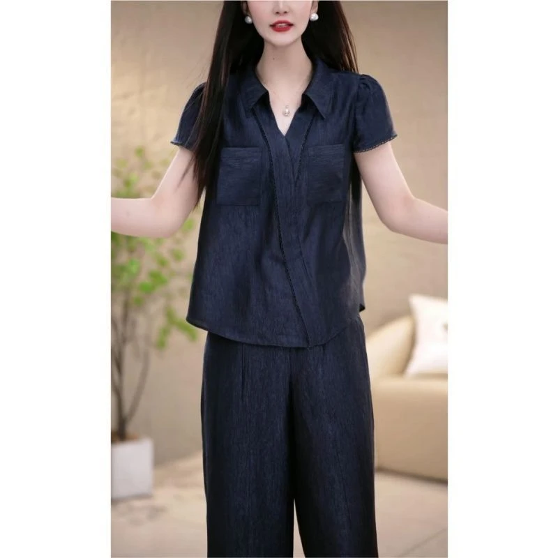 新款大码时尚翻领上衣裤子两件套妈妈夏季优雅减龄修身显瘦套装女