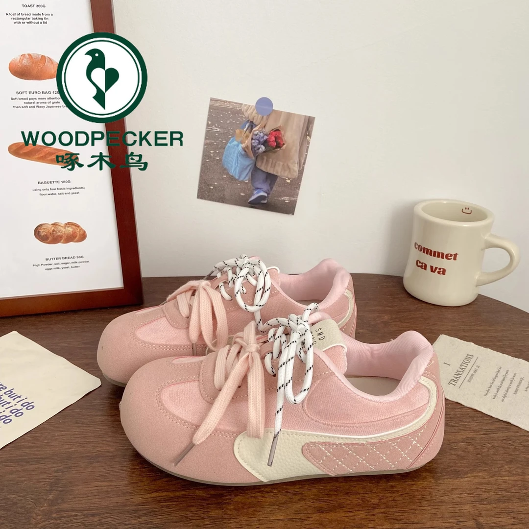 啄木鸟粉色德训板鞋女丑萌春款chic小众泡芙面包鞋阿甘芭蕾小白鞋