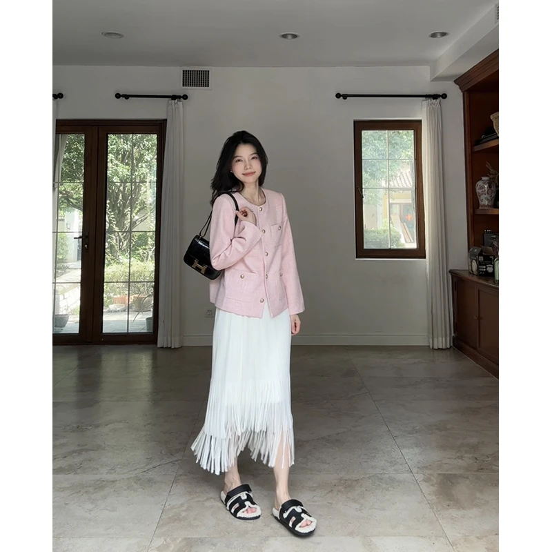 郭九九呢 法式气质小香风宽松显瘦粉色外套流苏半身裙 G925A05451