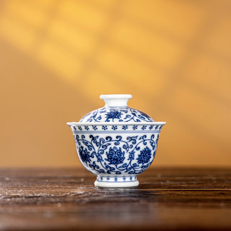 【墨舍柴窑】墨舍柴窑缠枝莲二才盖碗纯手工手绘陶瓷（moshe15）