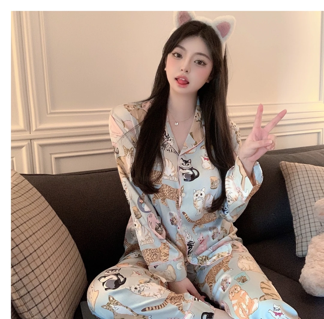 韩版甜美睡衣少女长袖春秋款ins风柔软亲肤翻领卡通两件套家居服