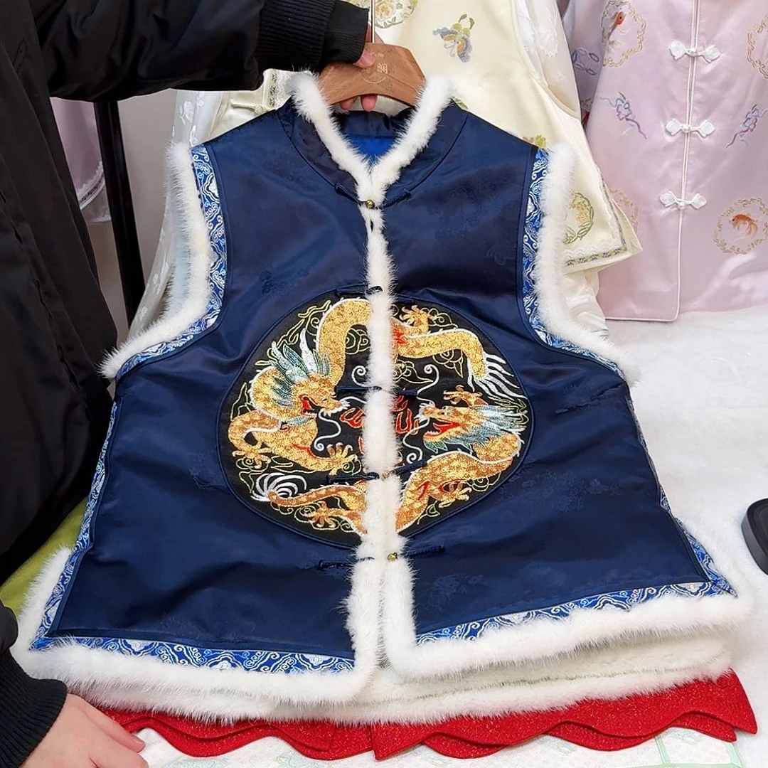 刺绣真丝藏蓝色 羽绒马甲
