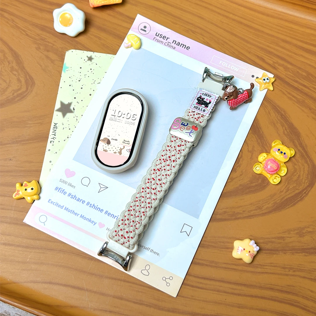 适用于小米手环10表带9/8草莓腊肠狗编织表带7/6/5/4/3NFC版配件