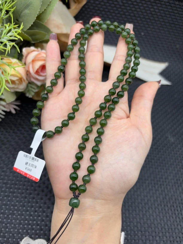福利款天然和田玉碧玉圆珠6mm辣阳绿色玉石挂坠绳毛衣链项链百搭