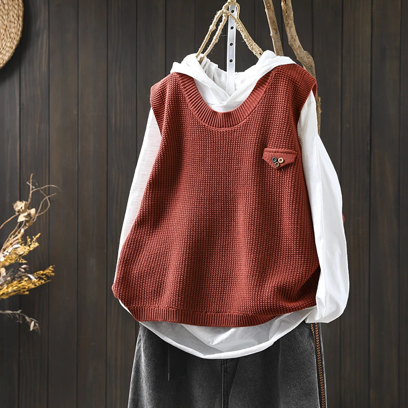 红色针织马甲背心女2025秋季新款圆领宽松遮肉显瘦不起球叠穿坎肩