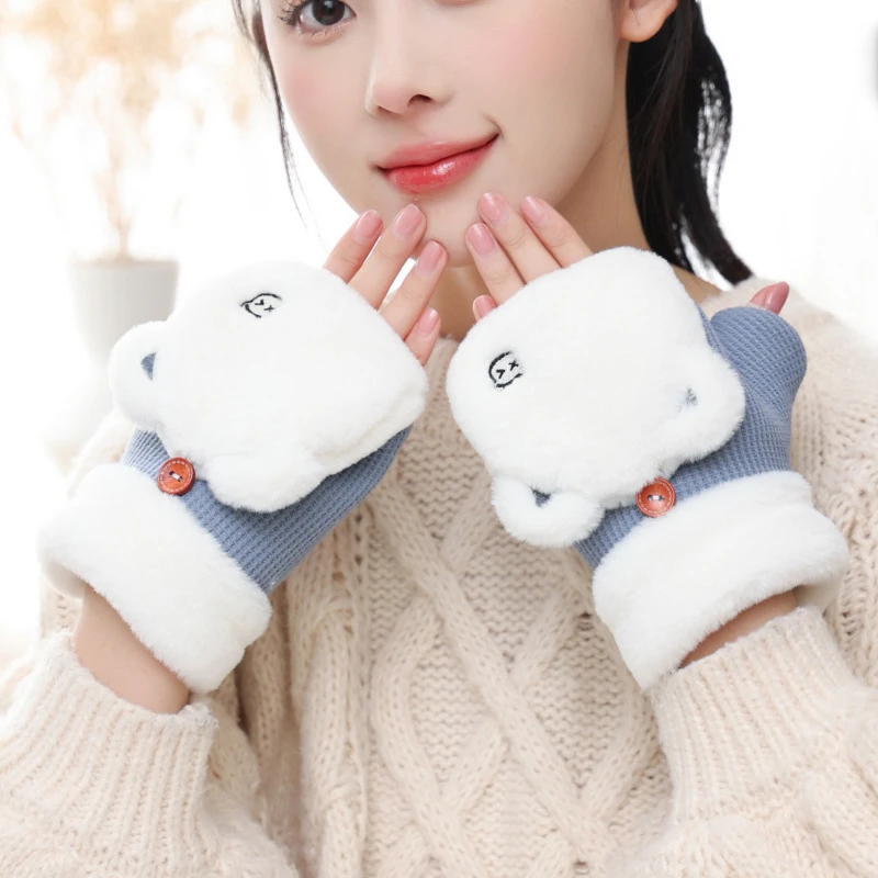 情侣手套女冬天加绒学生写字可爱韩版半指防寒卡通加厚毛绒露指头