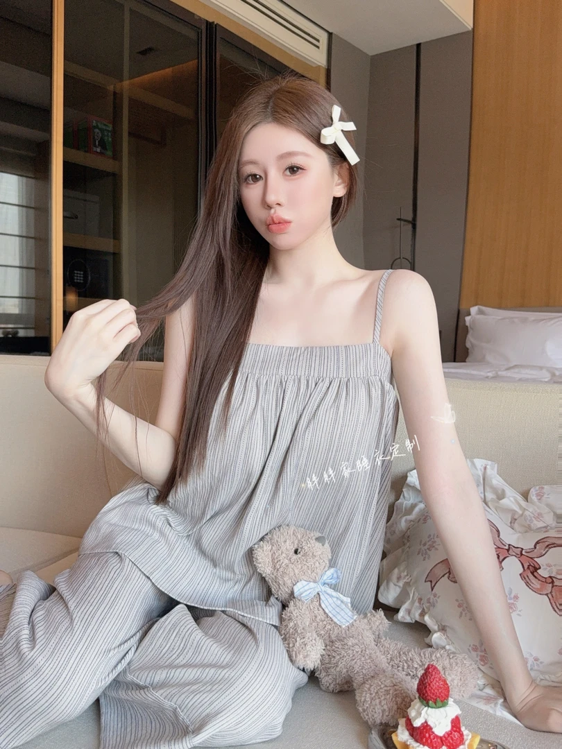 【午后小调】睡衣女夏季条纹薄款带胸垫一体吊带长裤凉感家居服套装