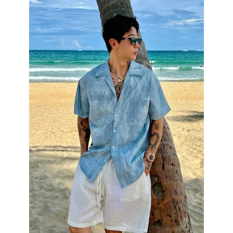 老钱风夏威夷古巴领衬衫短袖男夏季薄款海边出片穿搭蓝色扎染衬衣