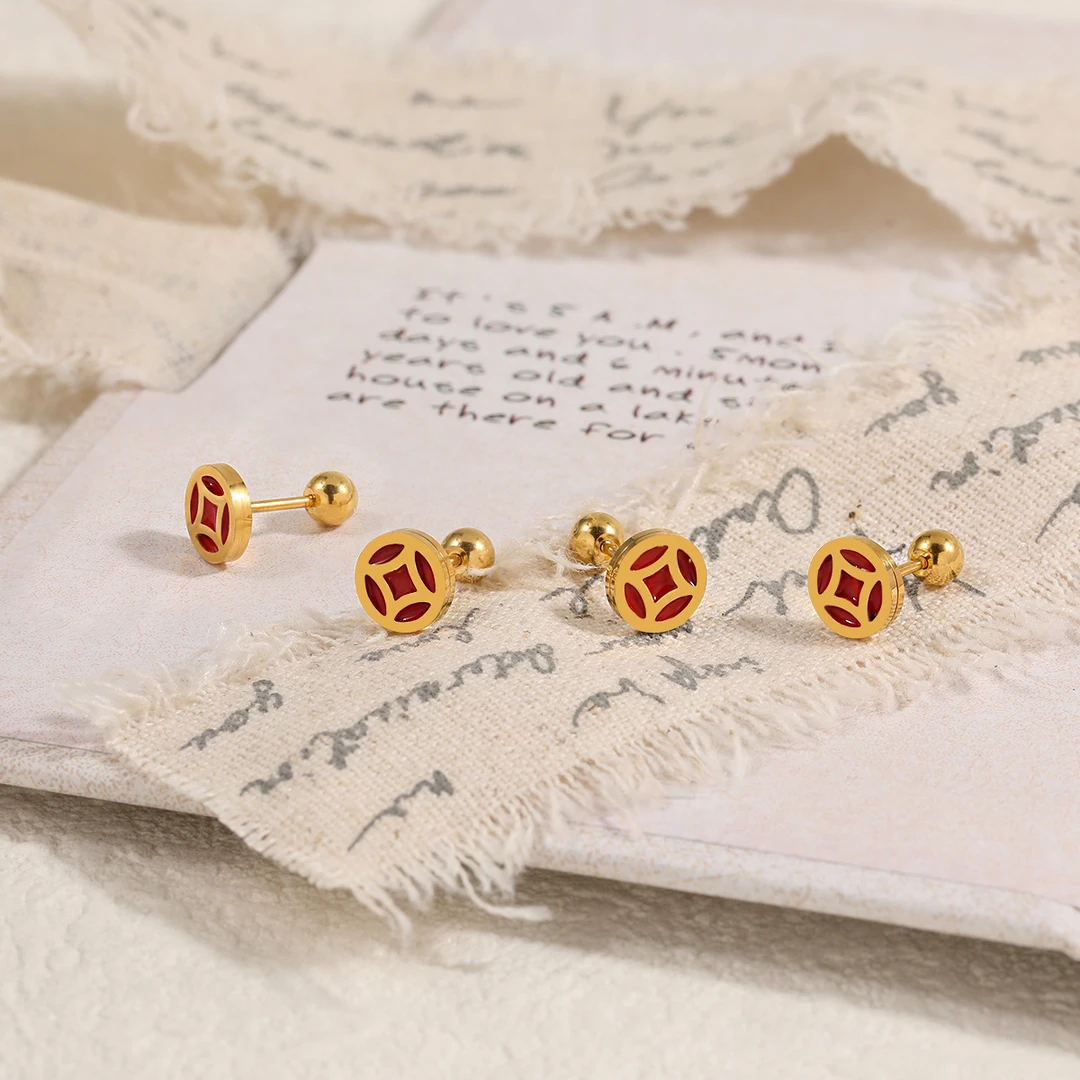 钛钢耳饰 新中式国潮风简约铜钱耳钉耳骨钉时尚个性高级感耳饰