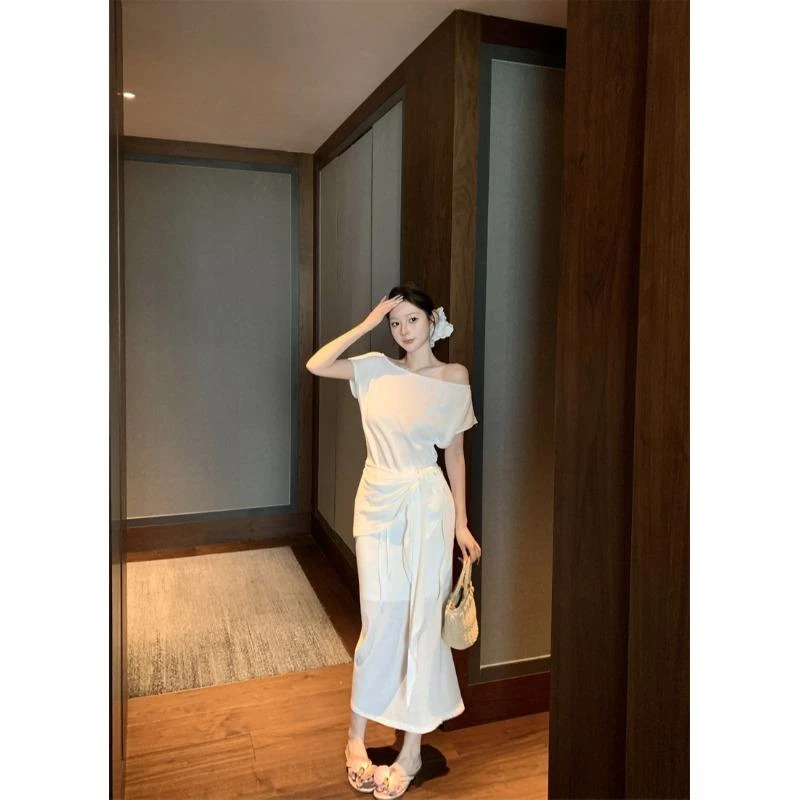 2025新款不规则斜肩白色短袖T恤女装夏季显瘦包臀裙半身裙两件套