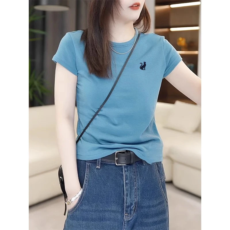 蓝色正肩短袖t恤女夏日ootd穿搭财阀千金女装减龄欧洲站爆款上衣