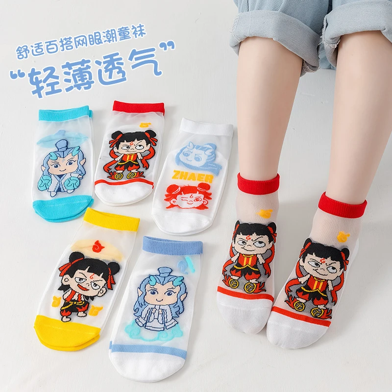 哪吒网眼夏季儿童袜子A类冰丝超薄宝宝袜子卡通透气短袜学生袜子