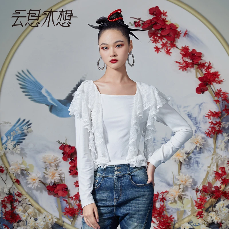 云思木想2023秋季新款蕾丝荷叶边方领保暖长袖时尚女士T恤10882