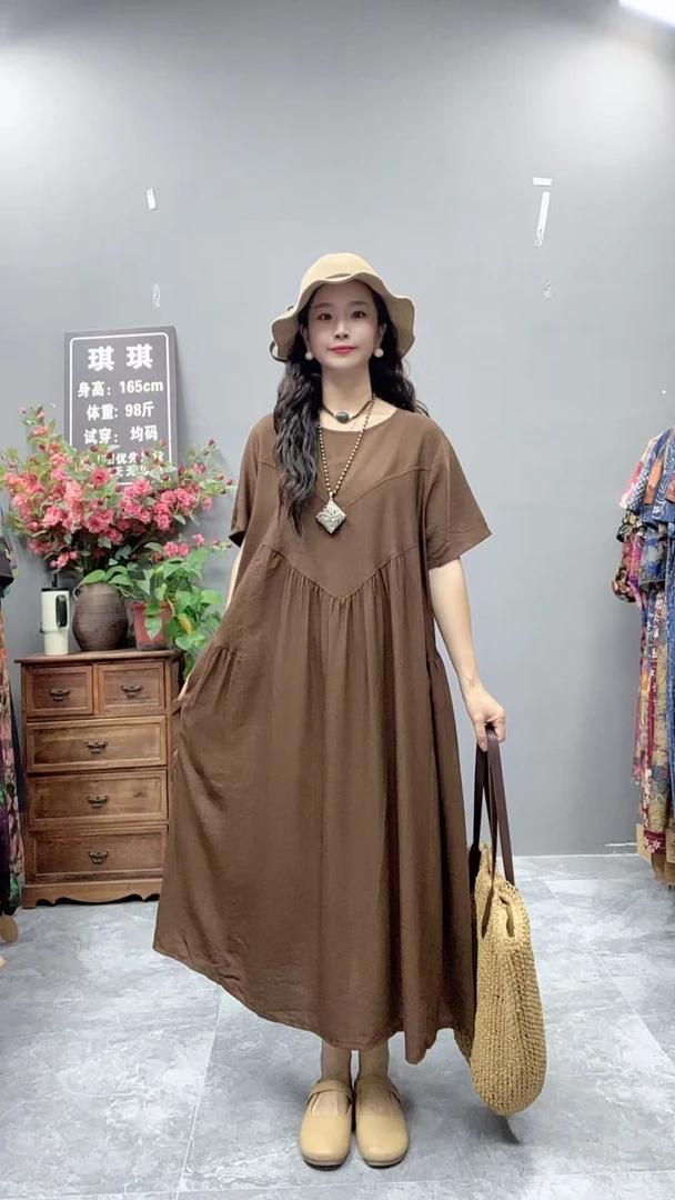 5218夏季新款显瘦气质时尚女百搭休闲文艺复古印花洋气宽松连衣裙