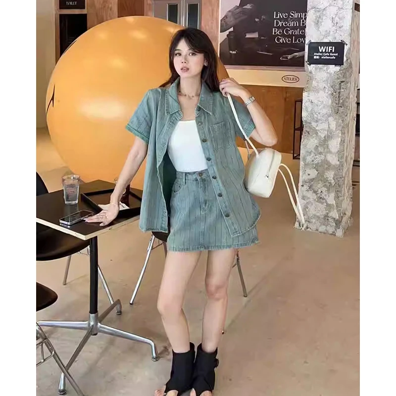 法式复古牛仔条纹套装女2025夏季新款短袖上衣A字半身裙两件套潮
