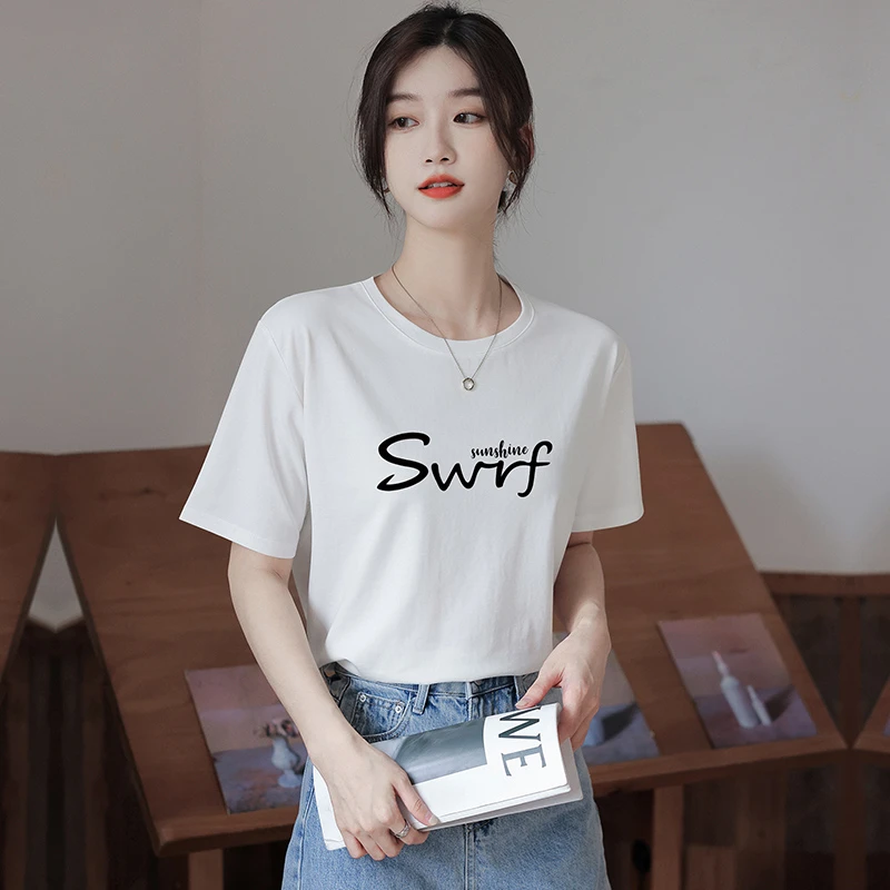 100%纯棉圆领短袖T恤女夏大码200斤宽松显瘦洋气减龄休闲百搭上衣