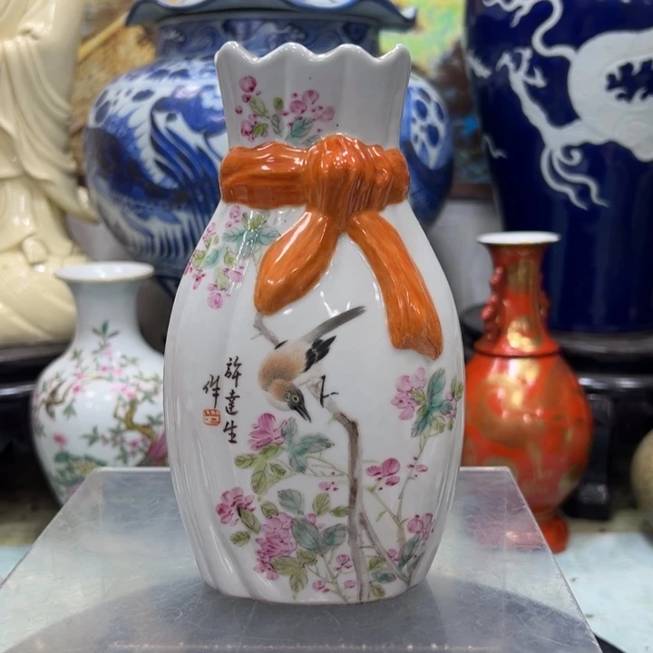 摆件用****3浅降彩花鸟包犬瓶