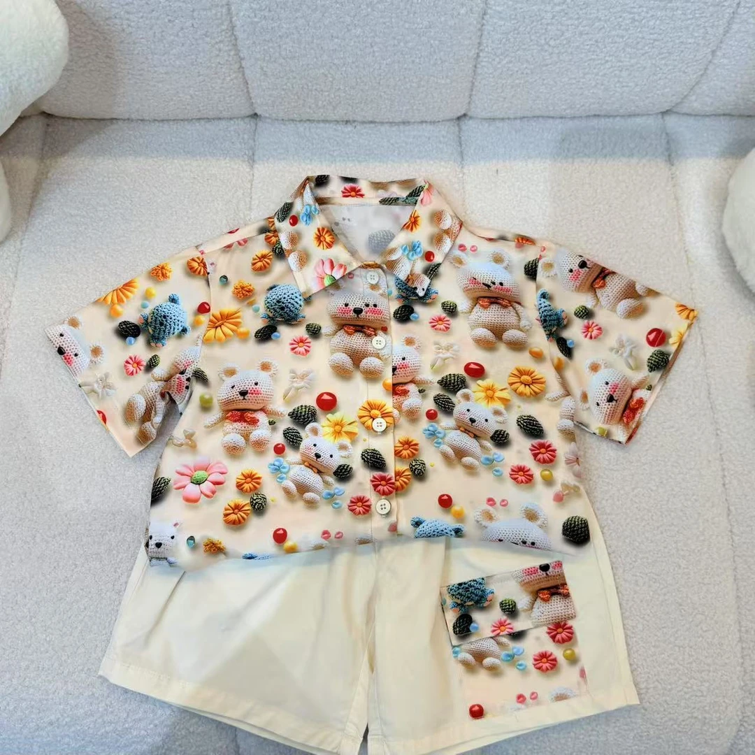 2025夏季新款幂姐原创儿童小熊花衬衫短袖裤子套装MJX250305