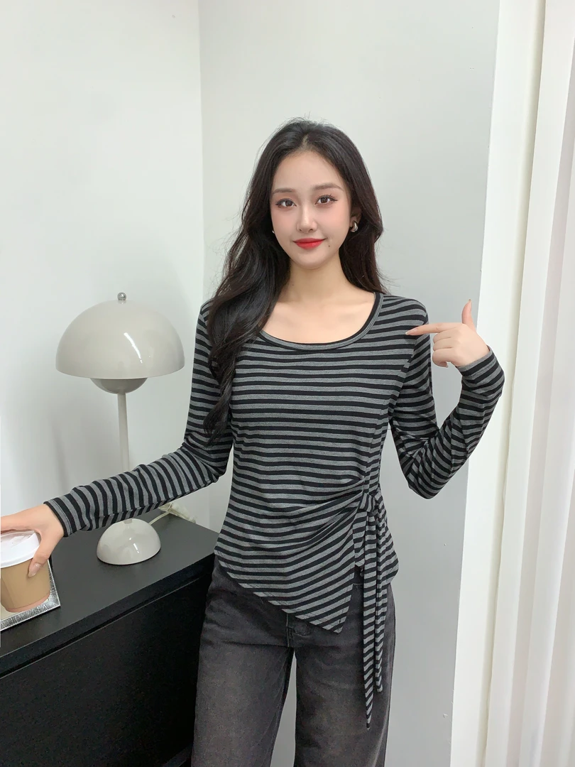 2025秋季新款绑带设计感不规则时尚长袖T恤收腰显瘦百搭上衣女潮