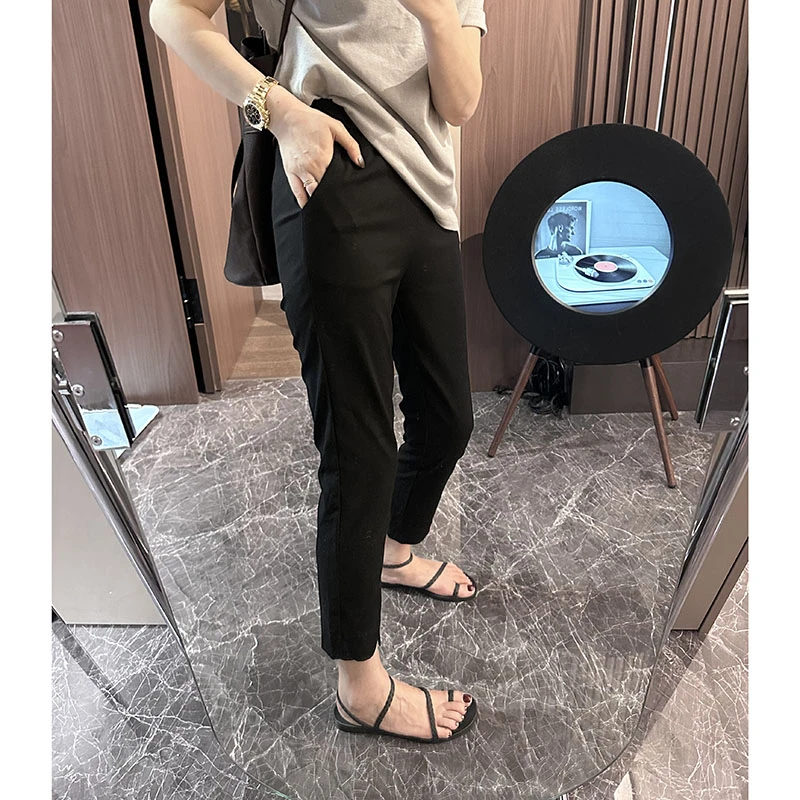 咔呐咪~韩版弹力显瘦松紧腰舒适弹力面膜裤纸皮裤休闲裤八分裤