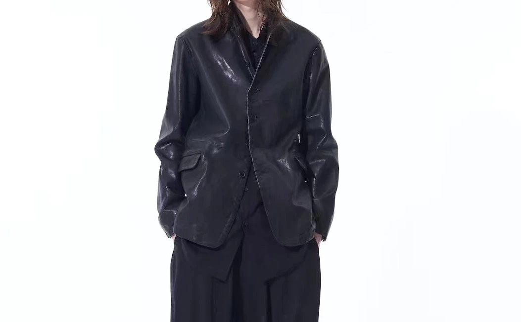 绵羊皮水洗西服.男士复古做旧休闲气质时尚日系个性修身植鞣西服