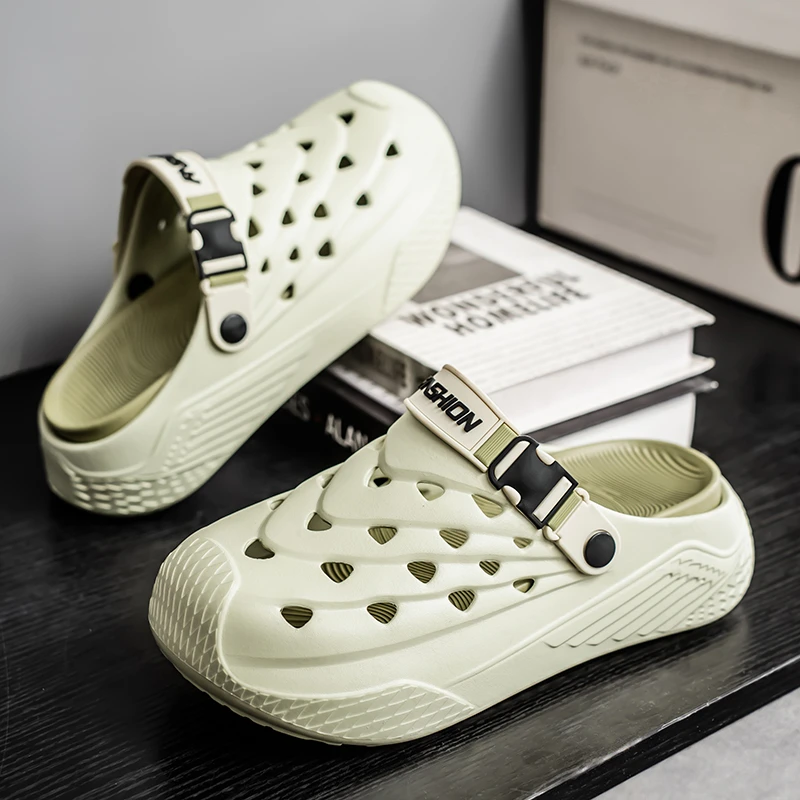 新款男夏季包头休闲半粒面外穿厚底洞洞鞋室外防滑耐磨半拖沙滩鞋