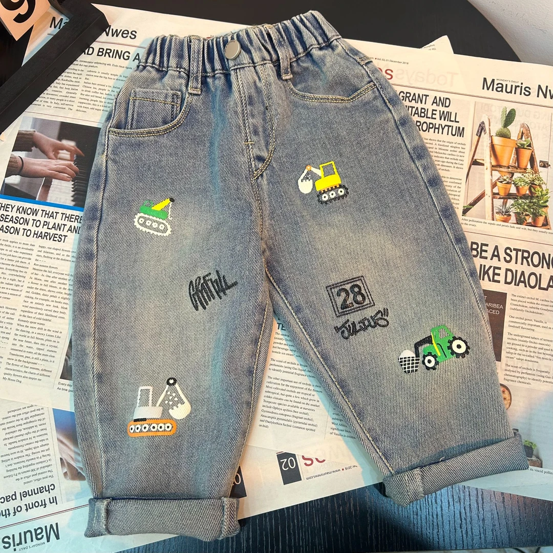 喜嘟童儿童牛仔裤薄韩版修身小挖机中小童裤子薄夏季挖掘机牛仔裤