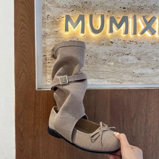 小众设计感凉靴女2025夏季新款蝴蝶结芭蕾舞鞋低跟玛丽珍堆堆短靴