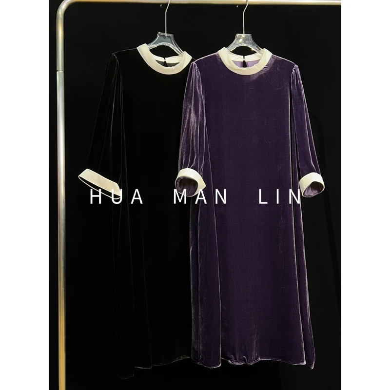 【花满林】两色小立领后扣撞色拼接真丝桑蚕丝丝绒连衣裙85962