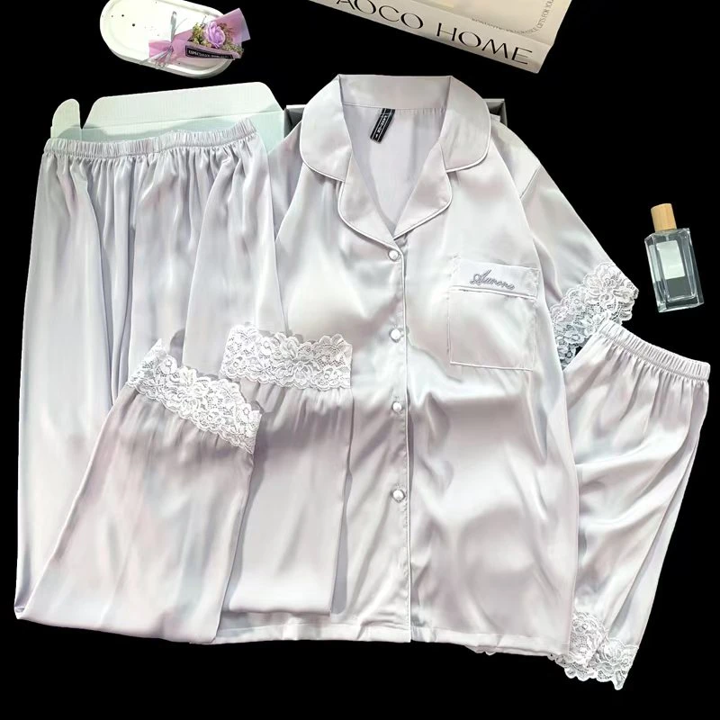 【2025新款/短袖三件套】带胸垫冰雪丝睡衣女爆款时尚可外穿家居服