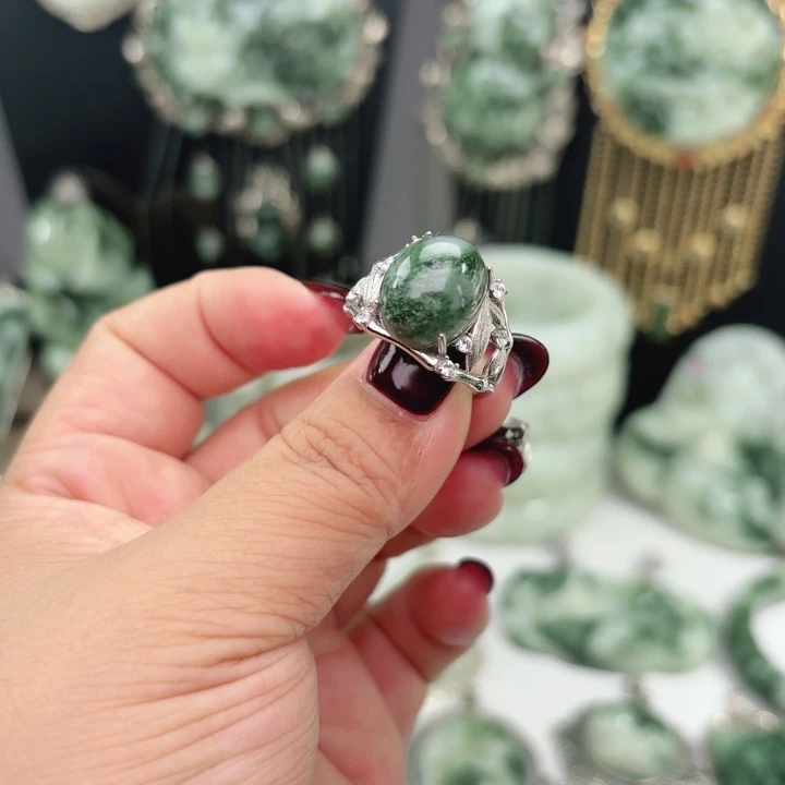 透闪石-蛇纹石玉银S925镶嵌戒指