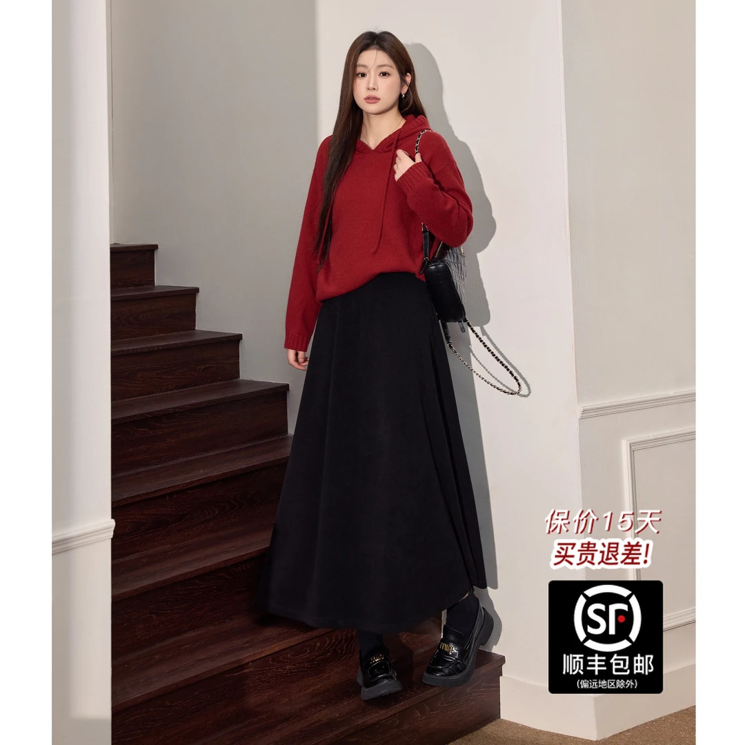 蓝语大码冬季新年红色连帽针织毛衣显瘦半身裙超好看独特漂亮套装