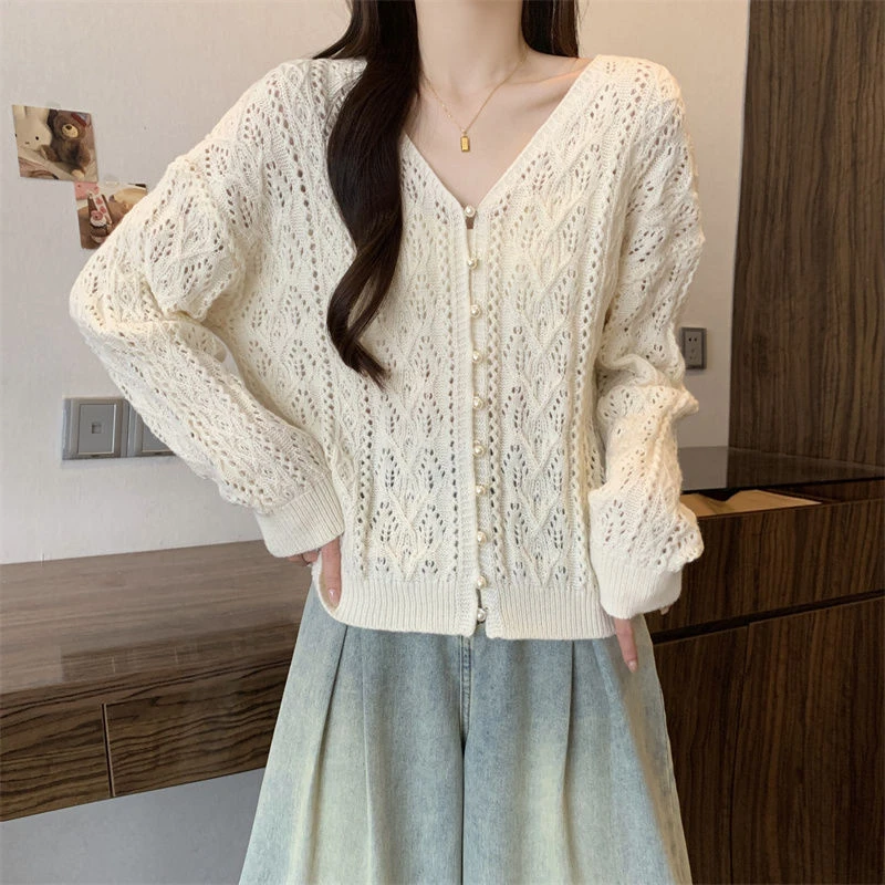 宽松小香风田园风珍珠纽扣显瘦开衫绵羊毛针织衫镂空薄款早秋开衫