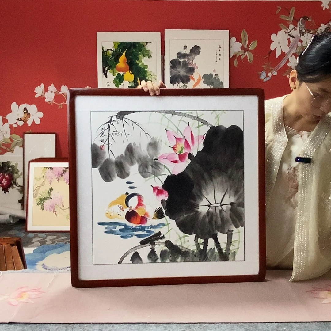 国画手写手绘国画作品带框包邮62✖️62
